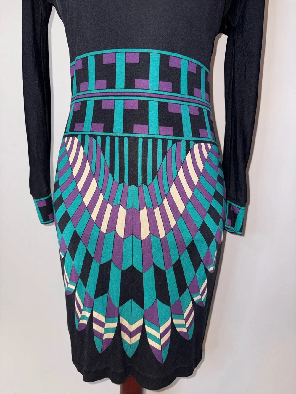 Tory Burch Art Deco Print Long-Sleeve 100% Silk Knit Dress Size XS